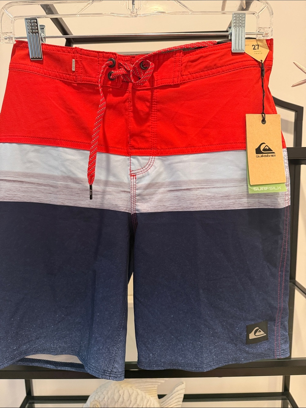 Quiksilver Red White Navy Stripe Swim Trunks